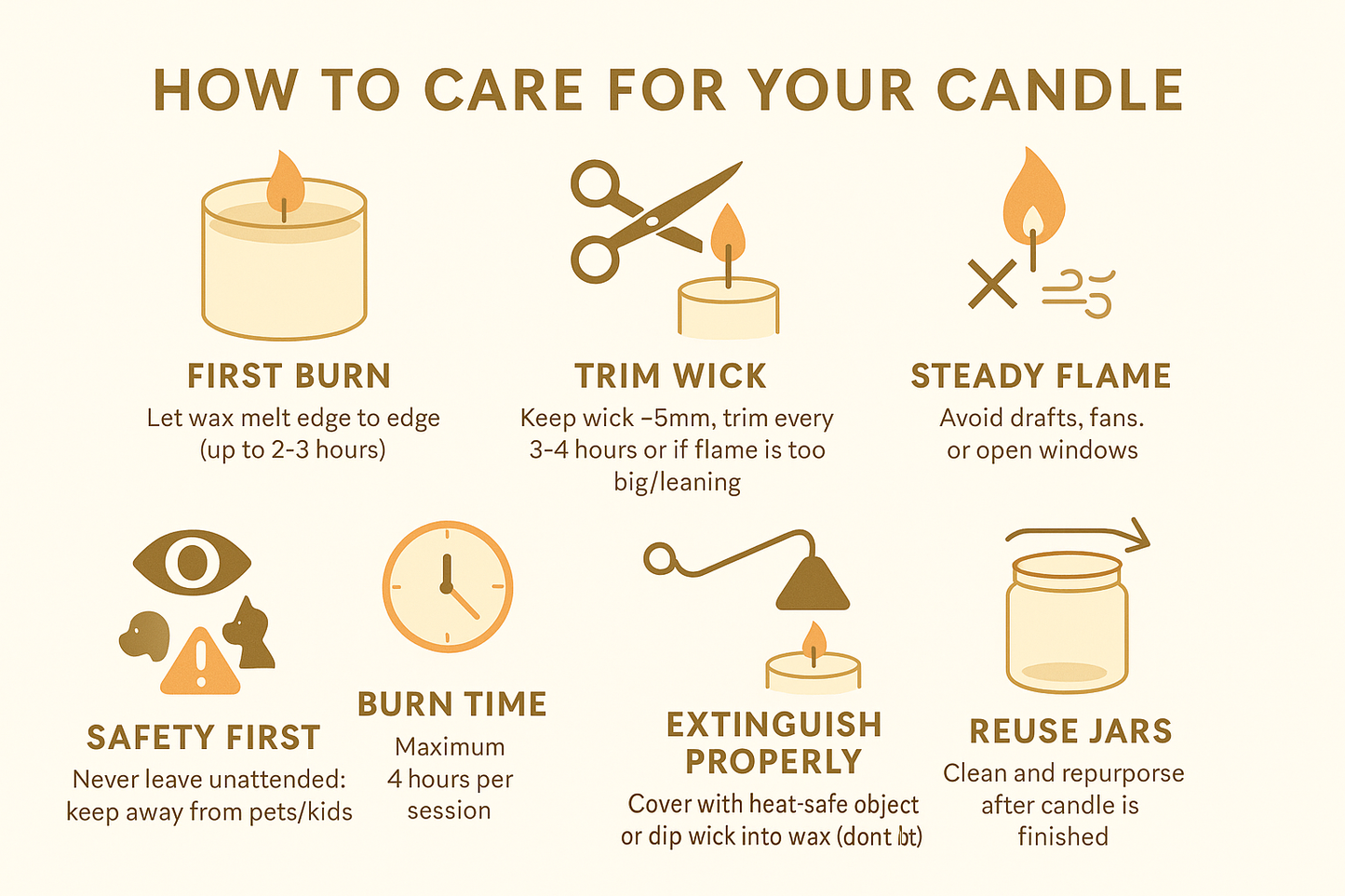 infographic for how to care for you candle based on these principles: Quick Candle Care Checklist
First burn: let wax melt edge to edge (up to 2–3 hrs)
Trim wick: keep it ~5mm; trim every 3–4 hrs or if flame is too big/leaning
Steady flame: avoid drafts, fans, or open windows
Safety: never leave unattended; keep away from pets/kids
Burn time: max 4 hrs per session
Put out flame: cover with a heat-safe object or dip wick into wax (don’t blow)
Reuse jars: clean and repurpose after the candle is finished